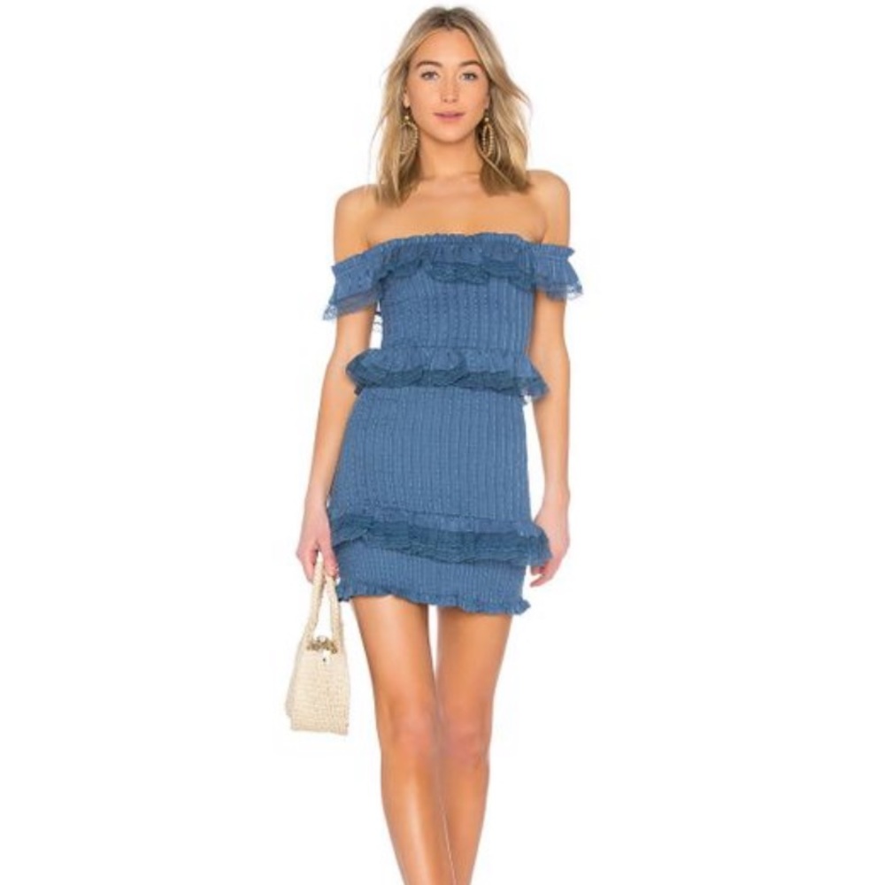 Tularosa Blue Scrunch Off Shoulder Dress